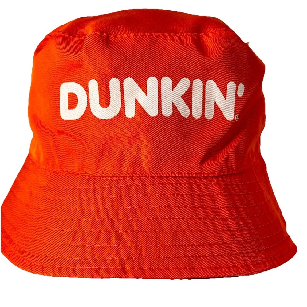 Dunkin Donuts Reversible Bucket Hat Orange Red Logo Coffee Cup Print Adult  Cap